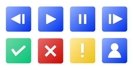 チェックマークや再生/一時停止/巻き戻し/早送りなどのアイコンセット( ベクター 編集可能)