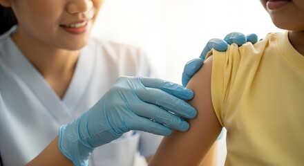 Nurse administering vaccine to young child wearing yellow shirt  