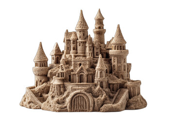 Intricate sandcastle, meticulously crafted with numerous towers, walls, and archways, exhibiting impressive detail and craftsmanship