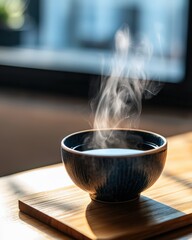 Smoke rising in soft tendrils from a steaming cup of tea on a wooden table