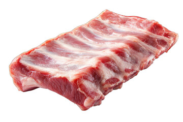 A raw rack of ribs, pinkish-red meat with visible bone structure, presented on a plain black background