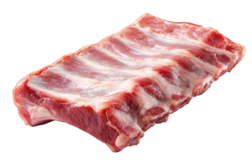 A raw rack of ribs, pinkish-red meat with visible bone structure, presented on a plain black background