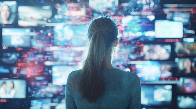 Backview Of Caucasian Woman Connecting to Animated Stream Of Content. Visualization Of Browsing Metaverse Big Data with Viral Videos, - Powered by Adobe