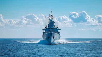 Baltiysk, Kaliningrad oblast, Russia - 07.22.2021 - Large missile boat during naval exercises at Navy Day, guided missile destroyer maneuvering in Baltic Sea