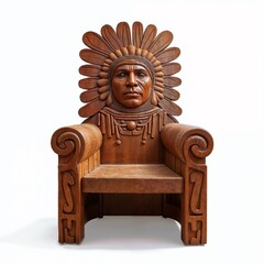 Native American chief's chair with totem carvings, isolated on white background, copy space