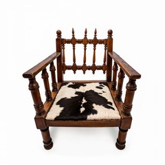 Portuguese colonial chair with cowhide seat, isolated on white background, copy space