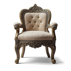 Moroccan wedding chair with intricate henna patterns and silver thread embroidery, isolated on white background, copy space
