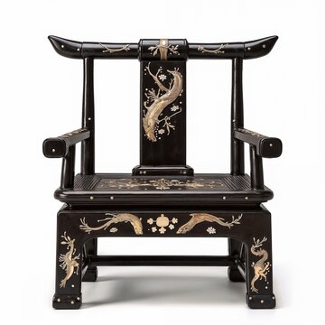 Korean yangban scholar's chair with intricate detailing, isolated on white background, copy space