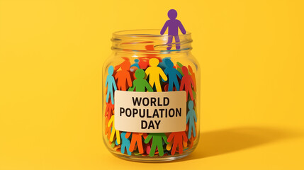 World population day message with colorful paper people inside glass jar showing overpopulation concept and demographic awareness