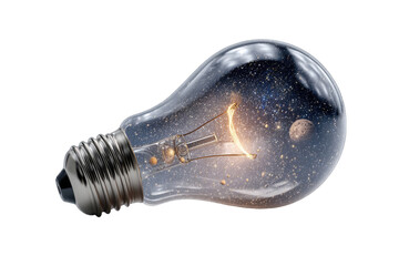 A glass lightbulb, lying on its side, contains a miniature solar system within its glowing filament, depicting a cosmos of stars, planets, and nebulae