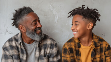 African American dad smiling with young son wearing matching plaid shirts indoors showing love and family closeness