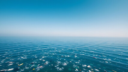 A disturbing image of plastic bottles and debris drifting on calm sea water, representing the pollution problem affecting marine ecosystems.