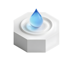 A glistening droplet of blue liquid rests on a pristine white hexagonal pedestal, ideal for various creative and scientific designs, transparent background