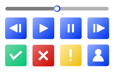 チェックマークや再生/一時停止/巻き戻し/早送りなどのアイコンセット( ベクター 編集可能)