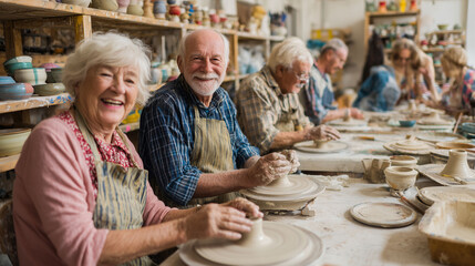 Senior friends creating pottery class in group workshop showing hands-on artistic activity social bonding and healthy aging lifestyle