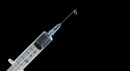 Precise Medical Syringe with Droplet, Isolated on Black