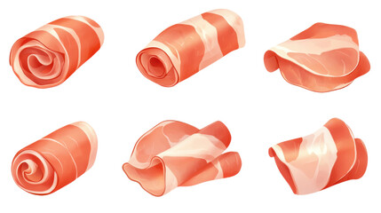 Slices of prosciutto ham rolled and arranged for gourmet presentation isolated on white background
