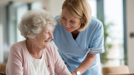 senior woman and smiling nurse showing support compassion and elderly healthcare in residential facility in Assisted living care
