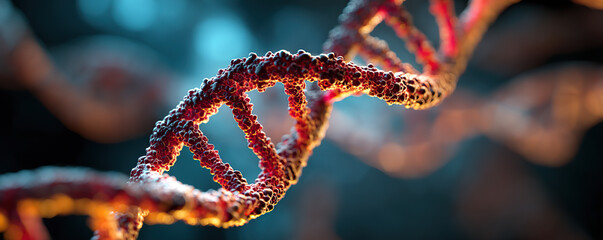 DNA strand in close-up with a colorful and abstract background highlighting its structure and significance in biology