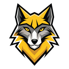 An illustration of a fierce yellow wolf head with golden eyes stares intently forward