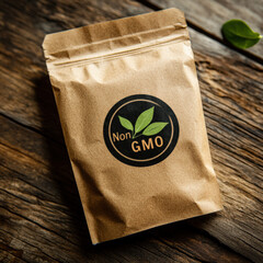 Non GMO label on brown paper packaging on wooden table