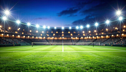 Vibrant tennis stadium illuminated at night, showcasing lush green court and bright lights creating energetic atmosphere for sports events