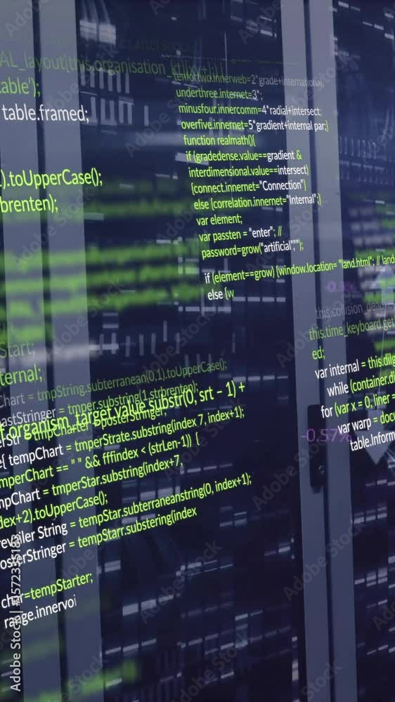 Poster animation of computer language and connected arrow over data server systems in server room