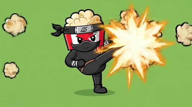 Popcorn container character doing a kick