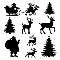 Set of black vector animal silhouettes including Santa Claus, running reindeer, and other wild and farm animals like deer, horses, dogs, cats, elephants, and birds, forming a diverse collection for il