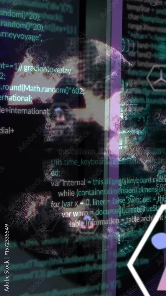 Poster animation of eco icons and data processing over computer servers