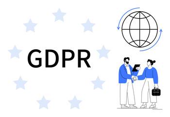 GDPR text surrounded by stars, handshake between a man and woman, globe with arrows. Ideal for compliance, regulation, data protection, teamwork, globalization privacy transparency. Simple flat © robu_s