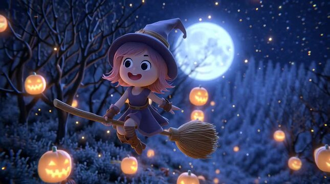 A cartoon style little witch flying on a broomstick with pumpkins floating beside her, happy halloween.