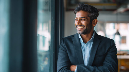 Cheerful Indian businessman in a professional outfit, smiling and looking into the distance inside an office