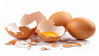 Close-up of a broken egg against a white isolated background.