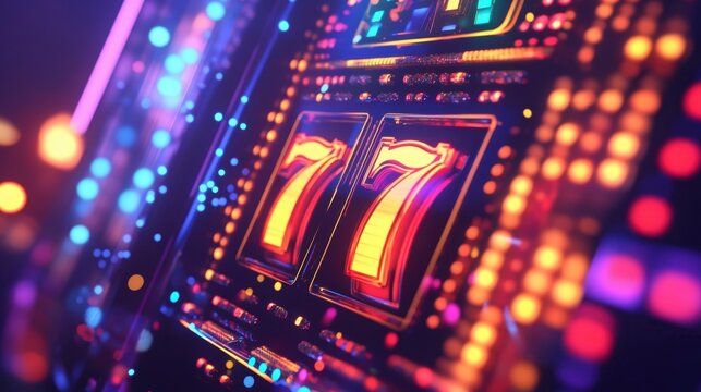 Close-up of a vibrant, illuminated slot machine displaying lucky 777.