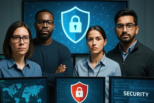 Cybersecurity team protecting data.