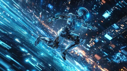 Obraz premium A Futuristic Robot Runs Through Cyberspace.