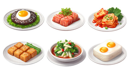Korean side dishes with egg, tofu, kimchi, and vegetables served on plates