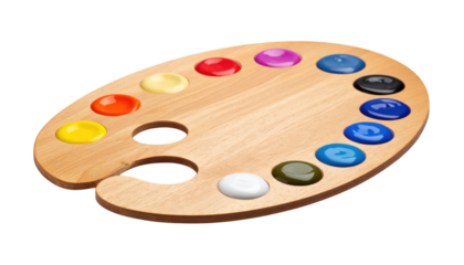 Wooden artists palette with vivid colors isolated on transparent background