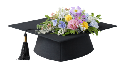 Graduation cap decorated with colorful flower bouquet, symbolizing celebration and achievement