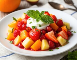 fruit salad with yogurt and mint on a white plate.