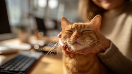 A person petting an orange cat on the head, sitting at their desk with a computer and phone in the background, natural light