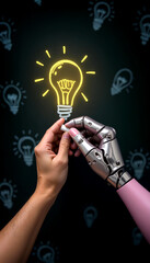 A conceptual illustration of a human and a robotic hand drawing a glowing lightbulb together, symbolizing collaboration between humans and artificial intelligence. Ideal for themes like innovation, te