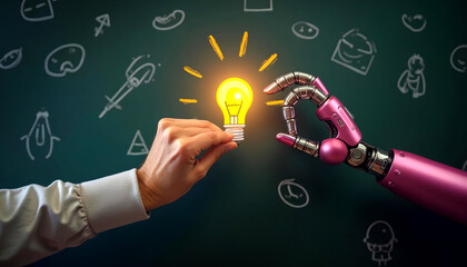 A conceptual illustration of a human and a robotic hand drawing a glowing lightbulb together, symbolizing collaboration between humans and artificial intelligence. Ideal for themes like innovation, te