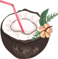 Coconut cocktail with straw and flower decoration