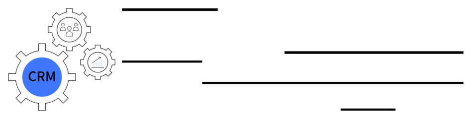 CRM gear surrounded by user, analytics icons, and parallel lines, illustrating system workflow. Ideal for CRM, analytics, technology, teamwork, data management optimization scalable workflows