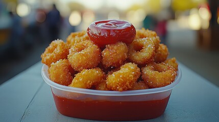 Crispy, coated pasta rings topped with ketchup, in a container