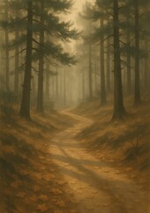 Naklejka premium Misty forest path in autumn.