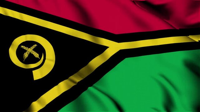3D animation of the national flag of Vanuatu waving in slow motion. Close-up view with realistic fabric texture in 4K resolution. Ideal for Independence Day, patriotic videos, and national celebration