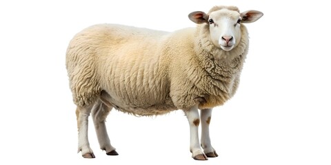 Fototapeta premium Cute young domestic sheep and lambs isolated on white background, standing and looking in front